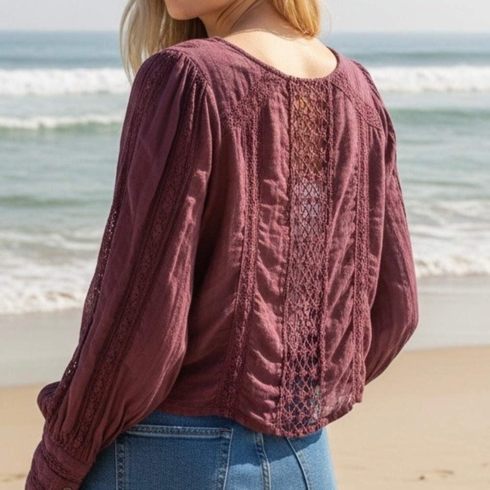 Plum Cotton Gauze Crochet Lace Pintuck Boho Blouse Top Sz S Festival Romantic